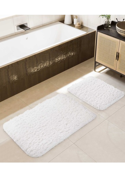Douro Shaggy 2li Banyo Paspası Beyaz Kaydırmaz Taban 60 x 100 - 50 x 60