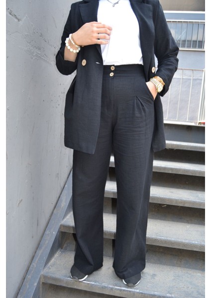 Siyah Palazzo Keten Pantolon