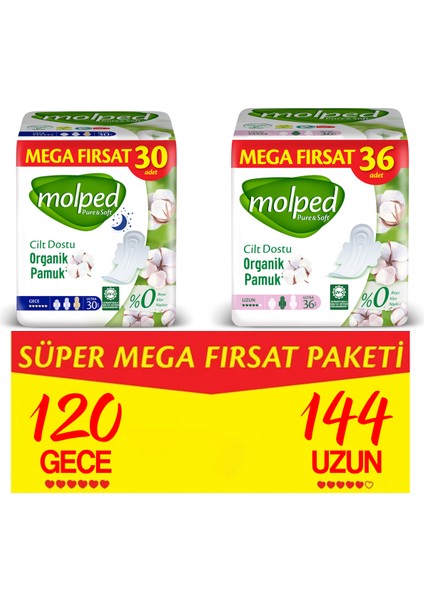 Pure & Soft Hijyenik Ped Süper Mega Fırsat Paketi Gece 120 Adet + Uzun 144 Adet