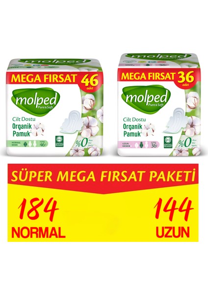 Pure & Soft Hijyenik Ped Süper Mega Fırsat Paketi Normal 184 Adet + Uzun 144 Adet
