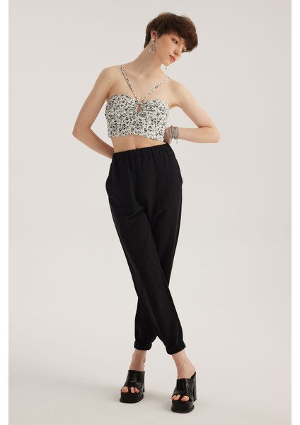 Siyah Keten Karışımlı Jogger Pantolon