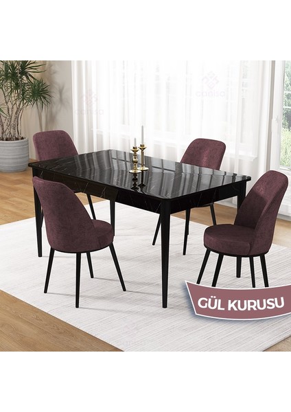 Pir Serisi, 80X130 Sabit Siyah Mermer Desen Mutfak Masa Takımı ve 4 Sandalye