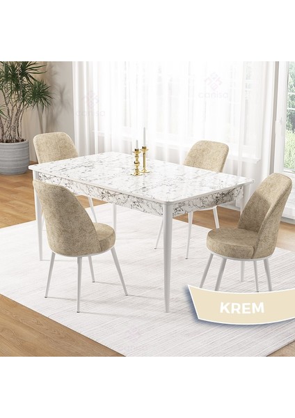 Pir Serisi 80X130 Sabit Beyaz Mermer Desen Mutfak Masa Takımı ve 4 Sandalye