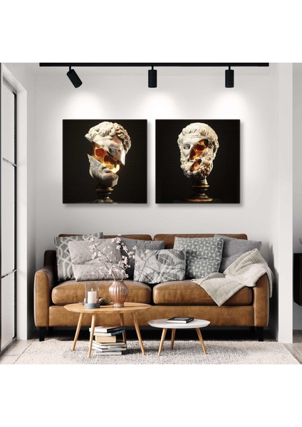 Gold Detaylı Mermer Davud Heykeli Ikili Kombin 2li Set Kanvas Tablo