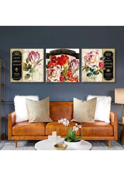Pembe ve Beyaz Alacalı Lale Vintage Grand Jardin Dekoratif Üçlü Kombin 3lü Set Kanvas Tablo