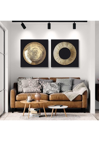 Gold Daire Spiral Dekoratif Ikili Kombin 2li Kanvas Tablo
