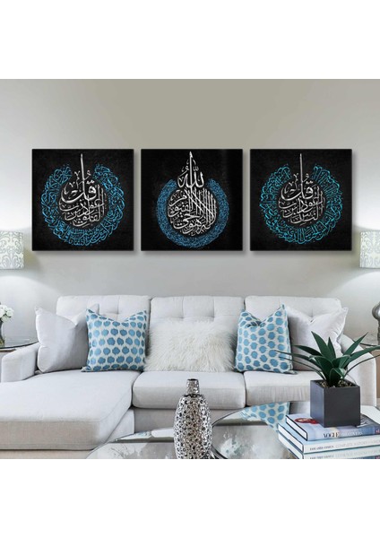 Gümüş ve Mavi Nas Suresi Hat Sanatı Kaligrafi Üçlü Kombin 3lü Set Kanvas Tablo