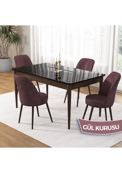 Pir Serisi 80X130 Sabit Siyah Mermer Desen Kahve Ayak Mutfak Masa Takımı ve 4 Sandalye