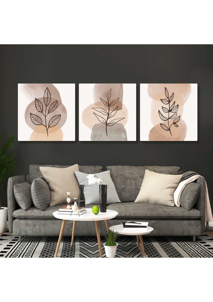 Kahverengi Tonlarında Sulu Boya Izleri ve Yaprak Line Art Boho Üçlü Kombin 3lü Set Kanvas Tablo