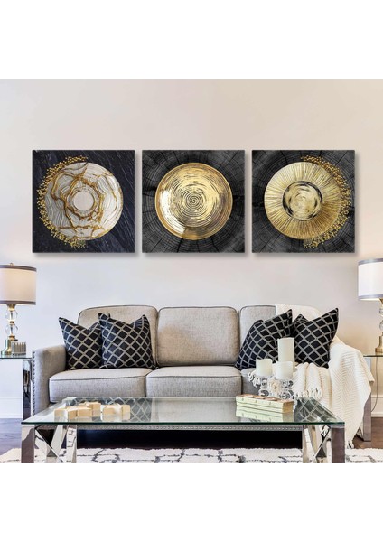 Ağaç Kütüğü ve Gold Halka ile Inciler Üçlü Kombin 3lü Set Kanvas Tablo