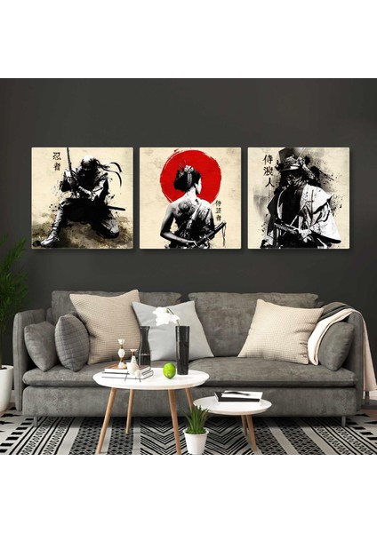 Ninja Savunma Sanatı Boya Sıçramaları Üçlü Kombin 3lü Set Kanvas Tablo