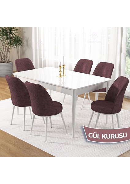 Pir Serisi, 80X130 Sabit Beyaz Mutfak Masası Takımı ve 6 Sandalye