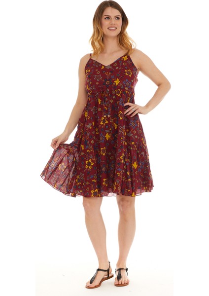 Askılı Vual Bordo Kısa Elbise