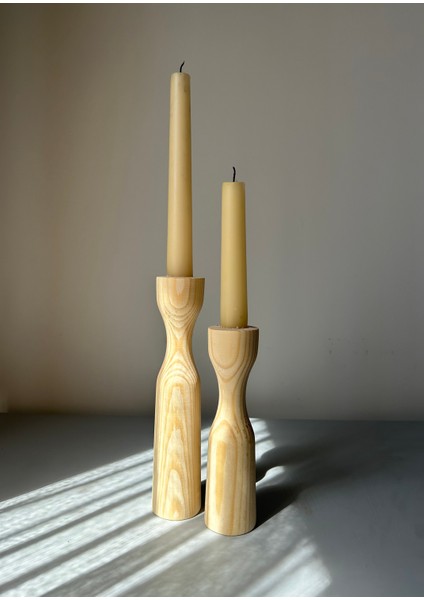 Natural Ahşap Şamdan Mumluk 2'li Set