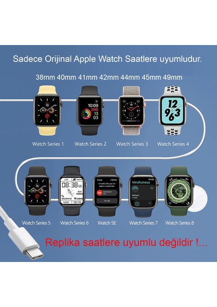 Apple Watch Manyetik Şarj Cihazı 1 / 2 / 3 / 4 / 5 / 6 / 7 / 8 / Se Type-C Şarj Aleti Manyetik Şarj Kablosu