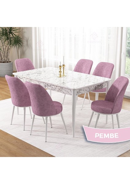 Pir Serisi 80X130 Sabit Beyaz Mermer Desen Mutfak Masa Takımı ve 6 Sandalye