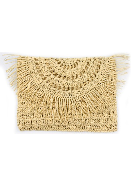 Hasır Çanta Rafya Örgü Portföy & Clutch Çanta Bej