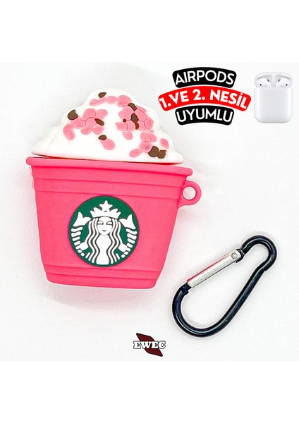 Starbucks Figürlü Airpods 1. ve 2. Nesil Uyumlu Kopçalı Koruyucu Silikon Kılıf, Darbe Emici Kılıf
