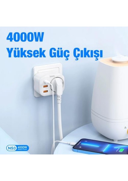 Super Şarj 240V Şarj Başlıklı Priz Type-C + 2 USB Girişli Şarj Prizi Akım Korumalı 4000W Fiş