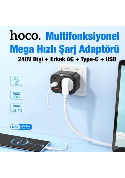 Super Şarj 240V Şarj Başlıklı Priz Type-C + 2 USB Girişli Şarj Prizi Akım Korumalı 4000W Fiş