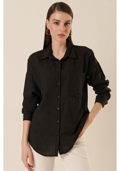 Tek Cepli Oversize Gofre Keten Gömlek Siyah modelleri
