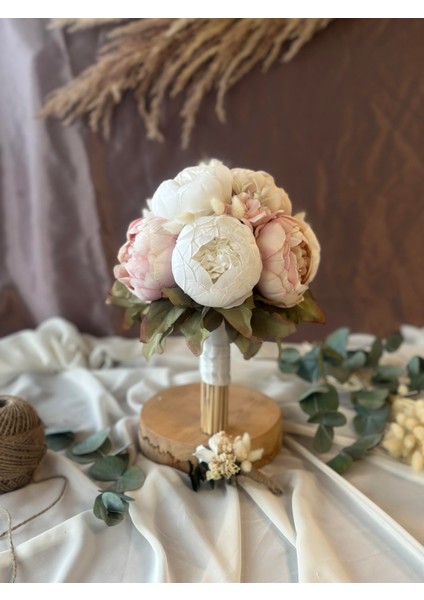 Yeni Sezon Soft Şakayık Gelin Buketi- Beyaz/pembe Gelin Çiçeği-Damat Yaka Çiçeği 2 Li Set
