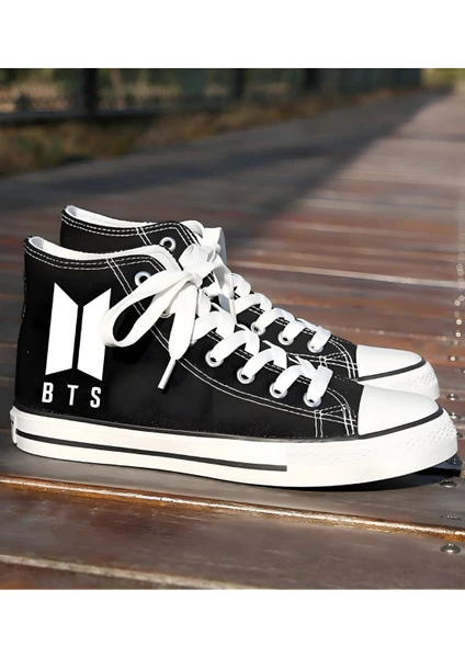 Unisex Günlük Keten Rahat Bilekli Siyah Uzun Convers Bts Baskılı Sneaker Spor Ayakkabı