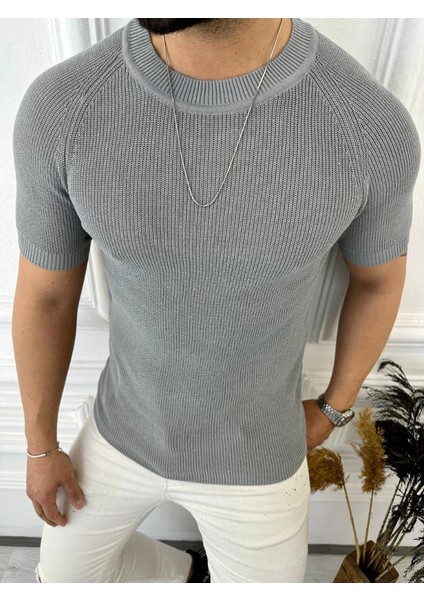 Örme Triko Tişört Kısa Kollu Triko Slim Fit Dar Kesim T-Shirt