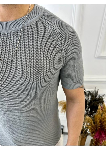 Örme Triko Tişört Kısa Kollu Triko Slim Fit Dar Kesim T-Shirt