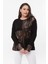 Kadın Büyük Beden Taş ve Deri Baskı Detaylı Siyah Bluz 3