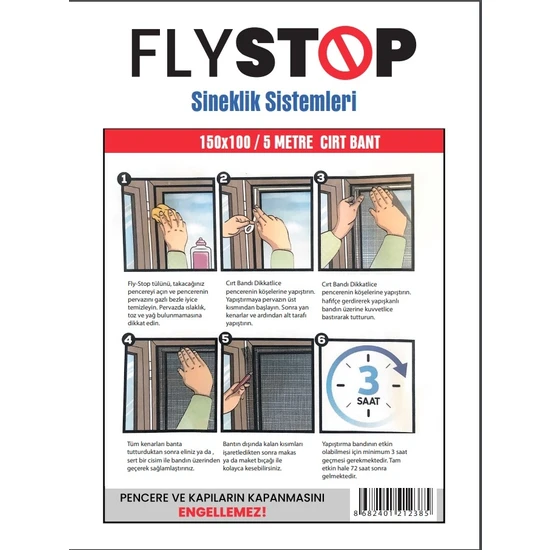 Keskin Pazarlama Flystop Pencere Cam Sineklik Böcek Tutucu Sinek Tülü 75X125 cm 4 Metre Cirit Bant