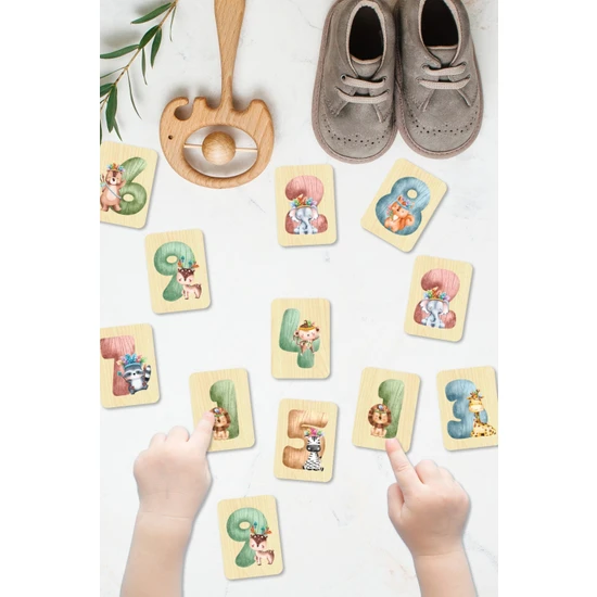 Saltan Art Hayvanlar ve Sayılar Ahşap Eşleştirme Kartları Hafıza Zeka Oyunu Ahşap Eğitici Puzzle Montessori, Waldorf, Reggio Emilia Modellerine Uygun