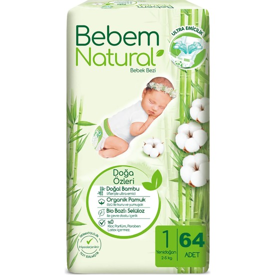 Bebem Natural Bebek Bezi Fırsat Paketi 1 Beden 2-5 kg 64 Adet