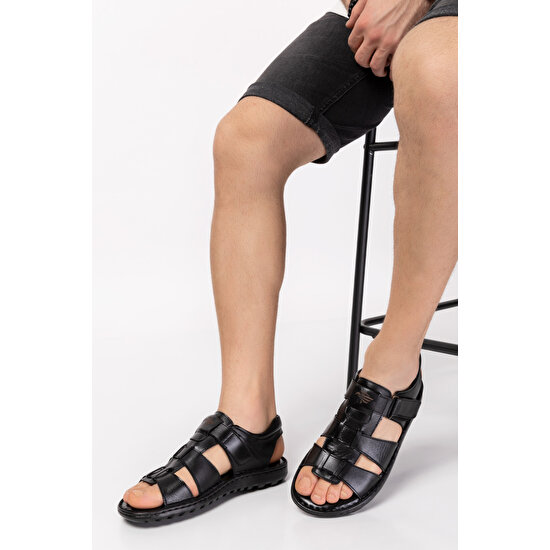 Akgün Terlik Erkek  Deri Ortopedik Taban Rahat Sandalet