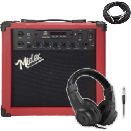 Midex MGA-25RDBT-HD ŞARJLI Elektro Gitar Amfisi 25 Watt USB Bluetooth Distortion Kulaklık ve Kablo