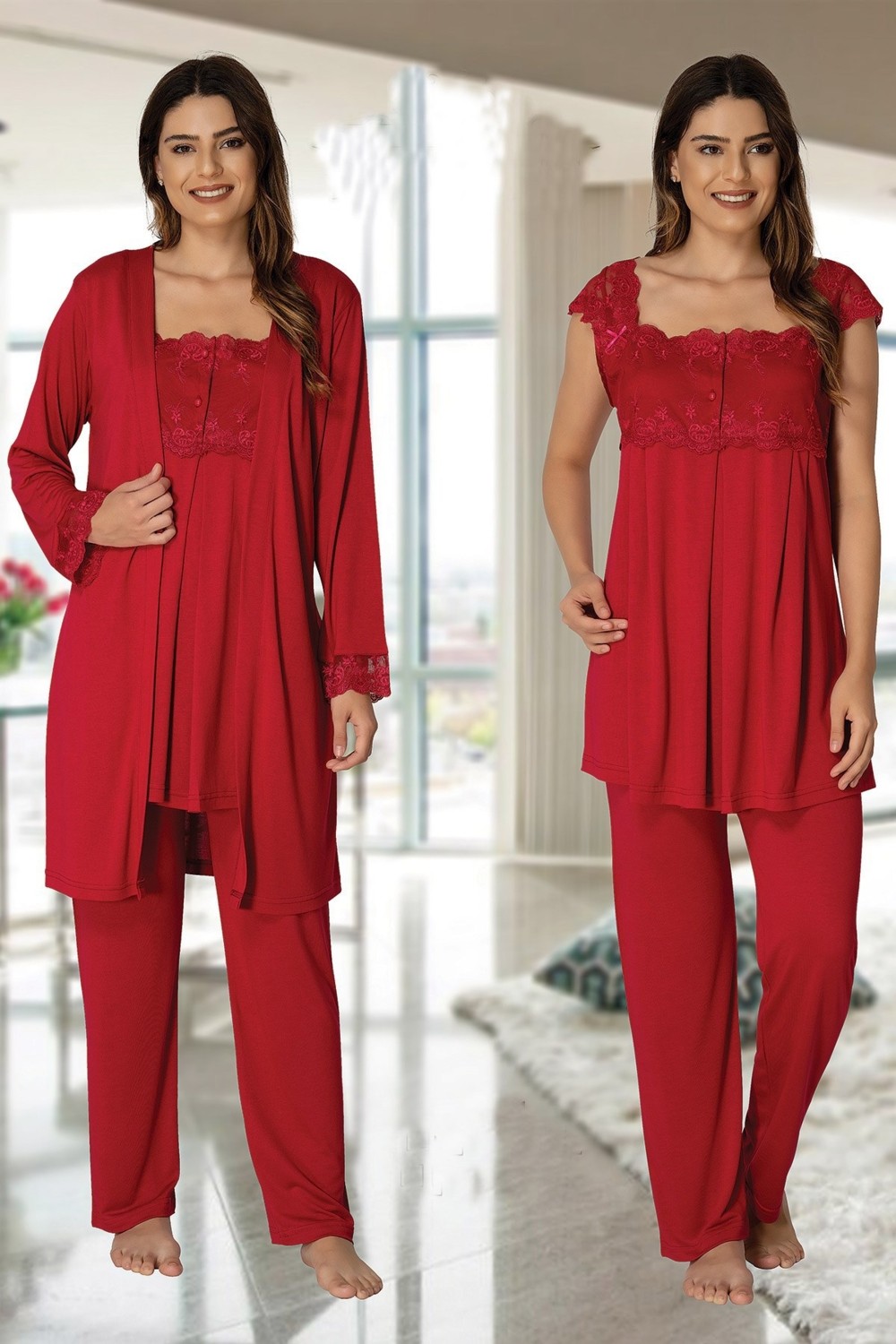 Effort t 2301 Effortt Kadın Vişne Sabahlıklı Lohusa Pijama Takımı