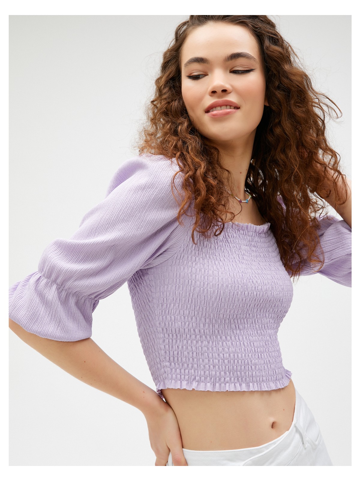 Koton Crop Tişört Gipeli Balon Kollu Kare Yaka - Görsel 3