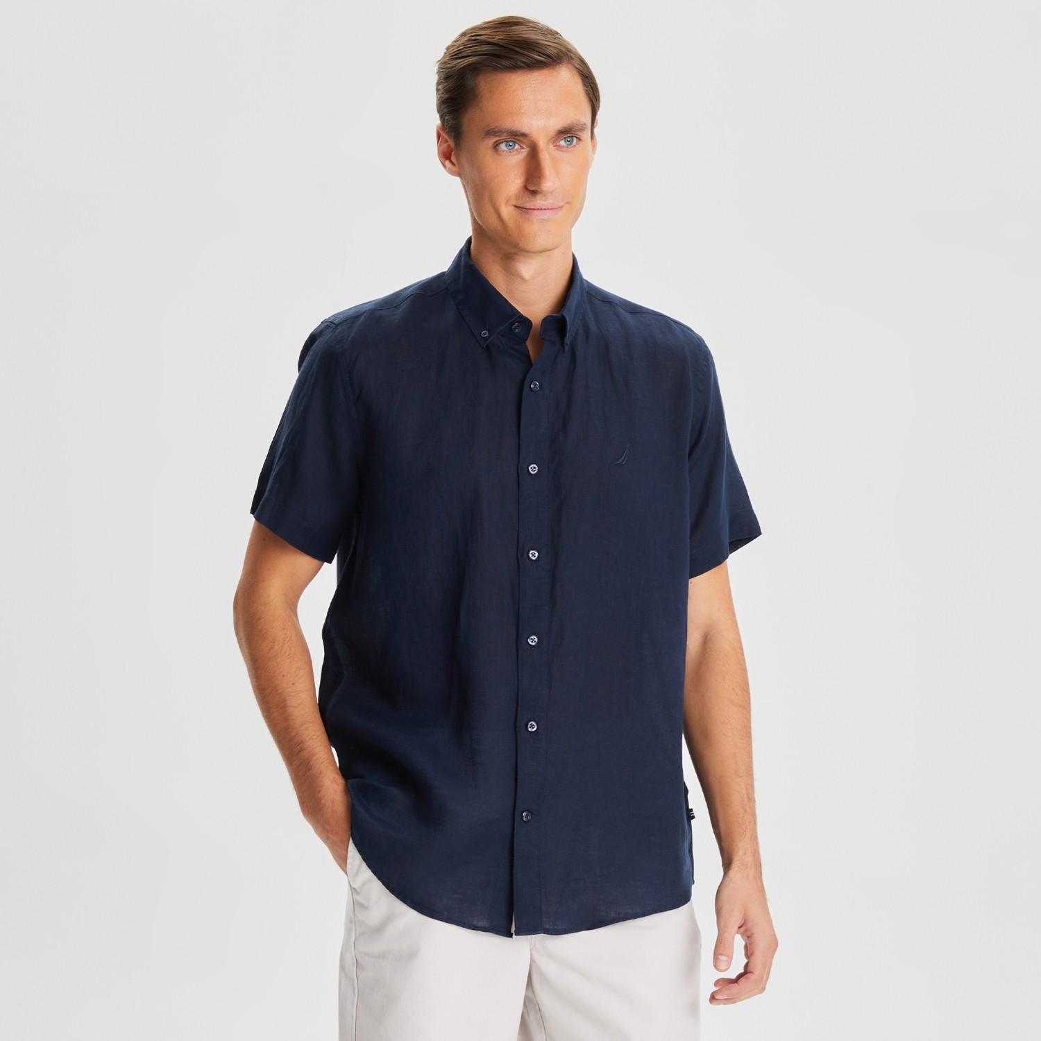Nautica Erkek Mavi Classic Fit Kısa Kollu Keten Gömlek W35100T.4NN
