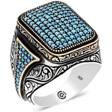 Stil Love Gümüş Turkuaz Zirkon Taşlı Kare Erkek Yüzük