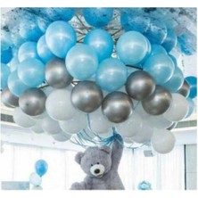 Balonevi 50 Ad A.mavi-Beyaz-Gümüş Metalik Balon, 5 mt Balon Zinciri , Parti Balon Seti