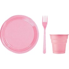 EC Shop Üçpınar Ambalaj Pembe Plastik Tabak - Bardak - Çatal Seti 25 Kişilik