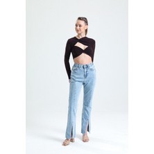 Sassy Kahverengi Dekolteli Crop Bluz