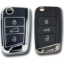 Babikamium Volkswagen Seat Skoda Mqb Sustalı Siyah-Gümüş Oto Anahtar Kumanda Kabı Kılıfı Oto Anahtarlık