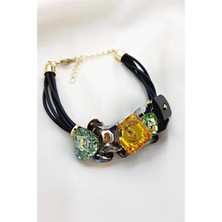 Petek Aksesuar Swarovski Taşlı Deri Bileklik