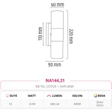 Nevo Çift Yönlü Iç Mekan Siyah Gold Aplik 2x5W 4000K Ilık Beyaz NA144