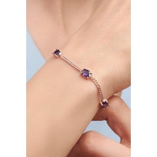 TMT Silver Gümüş Rose Oval Mor Ametist Taşlı Gurmet Zincirli Bileklik