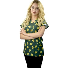 Nur Medikal Giyim Avokado Desenli Likralı Doktor, Hemşire, Diyetisyen Tek Üst Üniforma