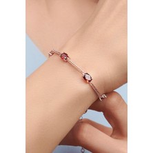 TMT Silver Gümüş Rose Oval Kırmızı Lal Garnet Taşlı Gurmet Zincirli Bileklik