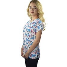 Nur Medikal Giyim Beyaz Diş Desenli Likralı Diş Hekimi, Diş Doktoru, Diş Teknisyeni Tek Üst Üniforma