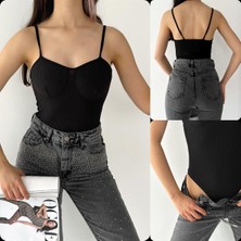 Marissa Butik Askılı Fitilli Bodysuit - Siyah